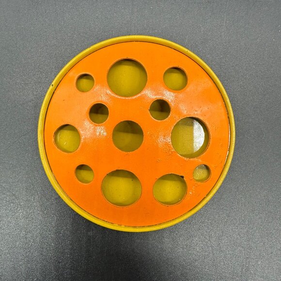 Vintage Brooch Pin 1960s Atomic Moon Orange Yellow Cut Out Dots Metal Enamel - Picture 2 of 9